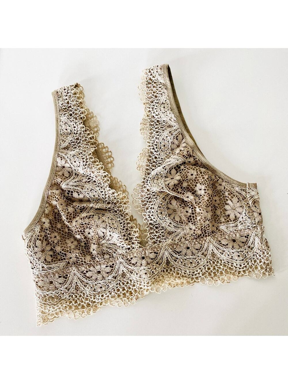 NEW VS VICTORIAS SECRET Nude Tan Cream Lace Plunge Long Line Bralette Bra XS